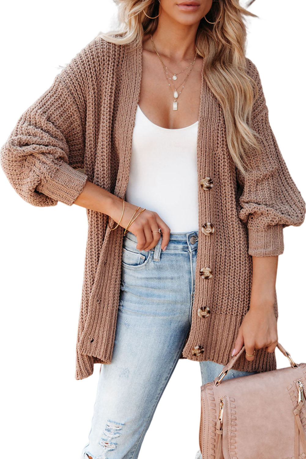 Gray Buttoned Front Drop Shoulder Knitted Cardigan