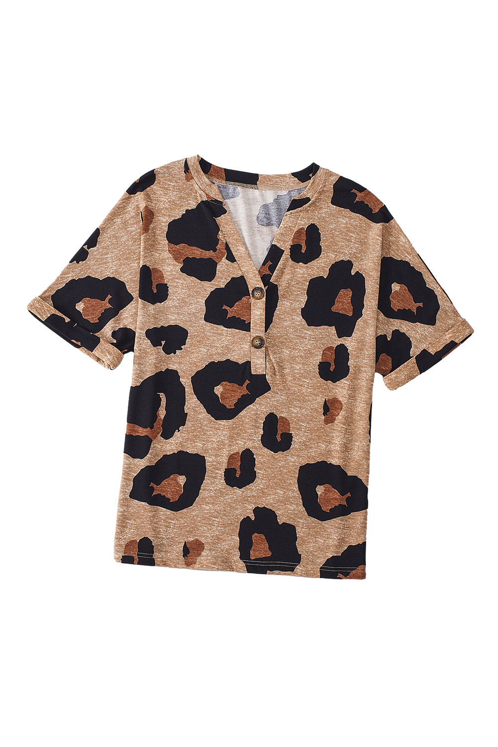 Light French Beige Leopard Folded Short Sleeve Buttoned V Neck T Shirt