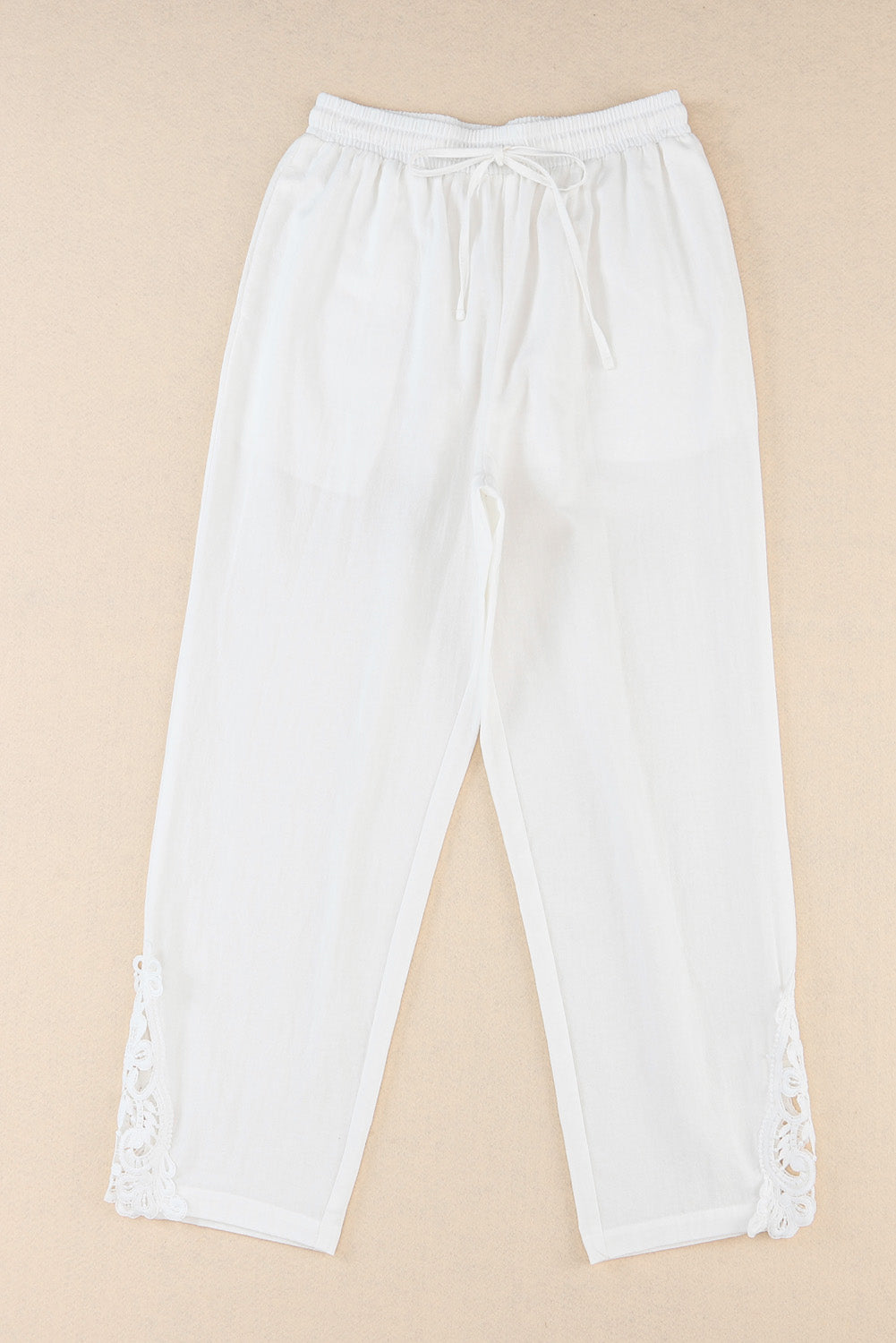 Khaki Lace Splicing Drawstring Casual Cotton Pants