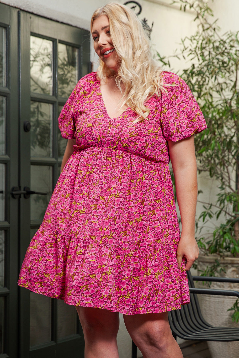 Rose Plus Size Floral V Neck Babydoll Dress