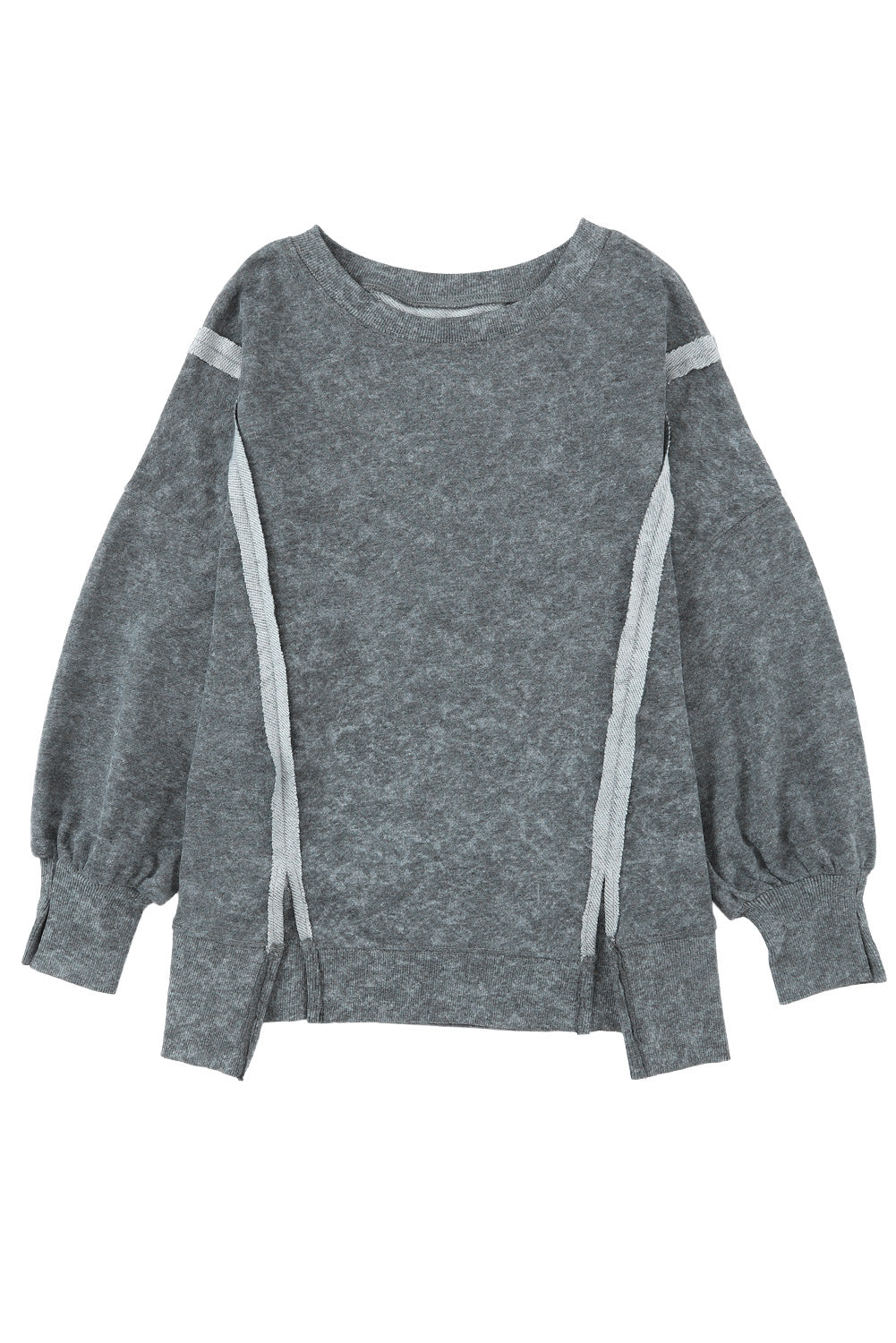 Graues, locker geschnittenes Pullover-Sweatshirt mit Nähten und Schlitzen in Acid-Waschung