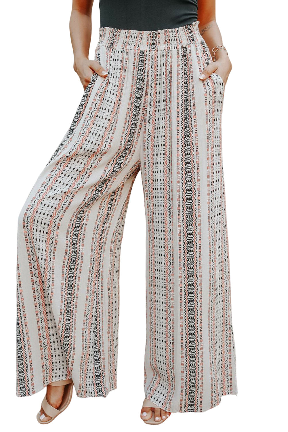 Pantaloni larghi arricciati con stampa motivo geometrico beige