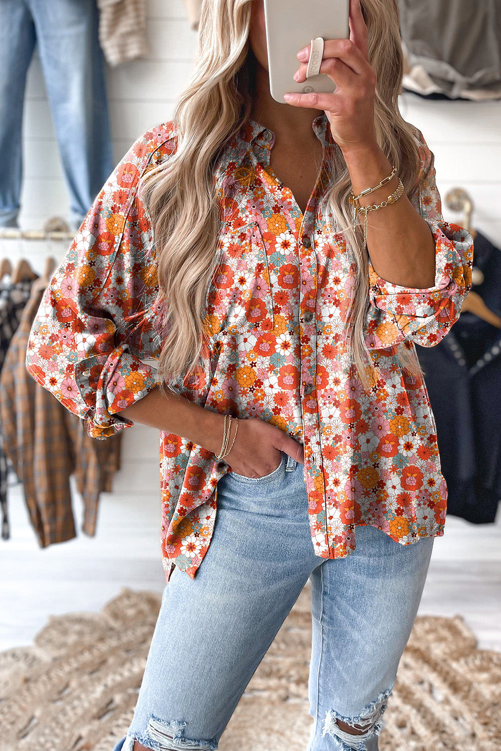 Camicia casual con taschino sul petto con stampa floreale multicolore