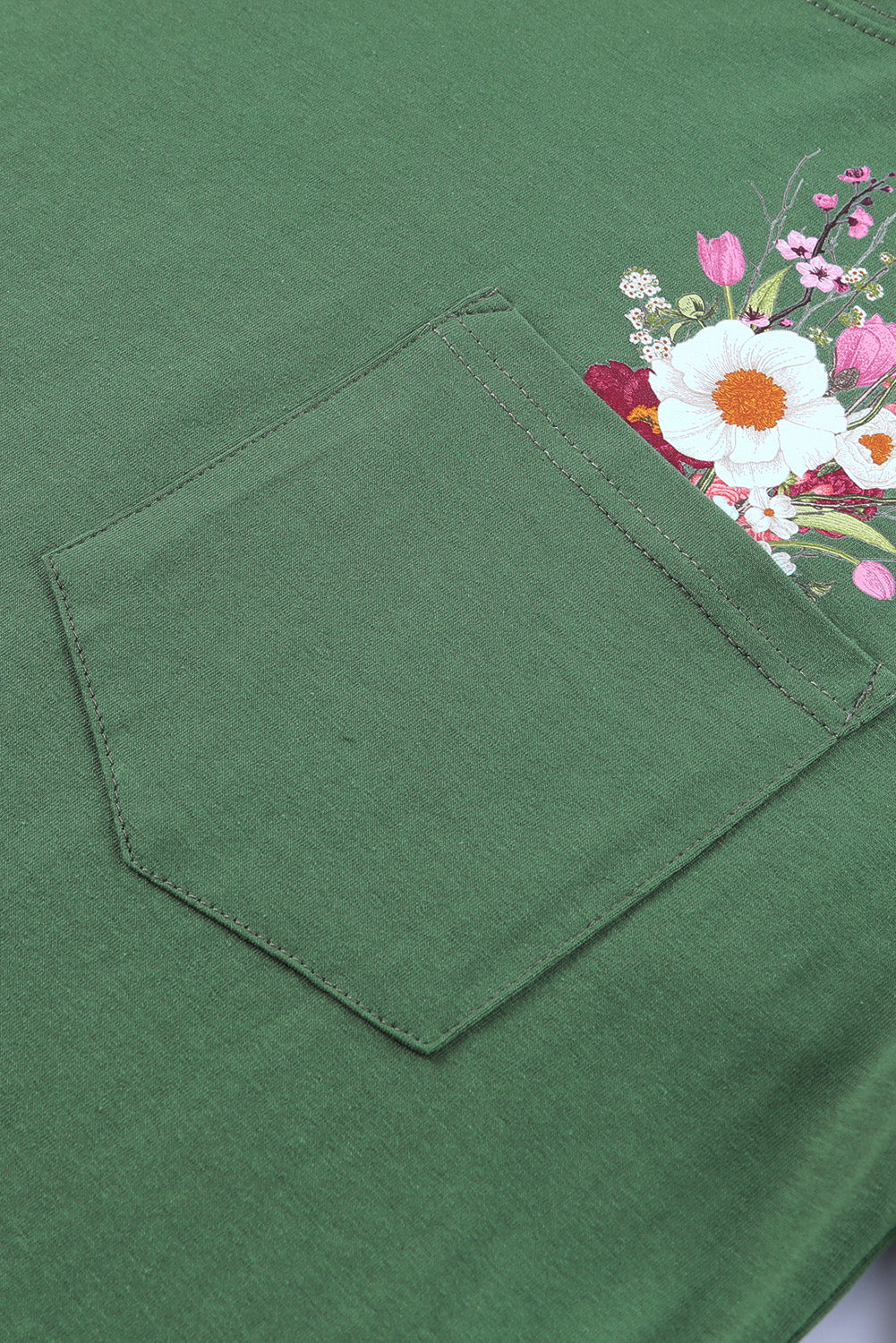 Green Floral Pocket Casual Short Sleeve Tee