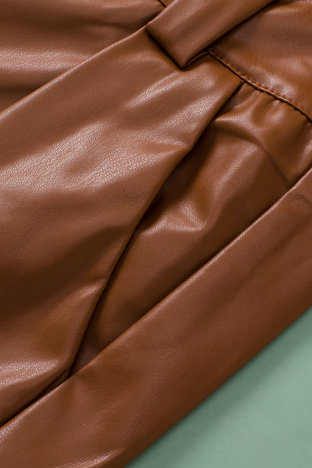Brown Faux Leather Pleated Casual Shorts