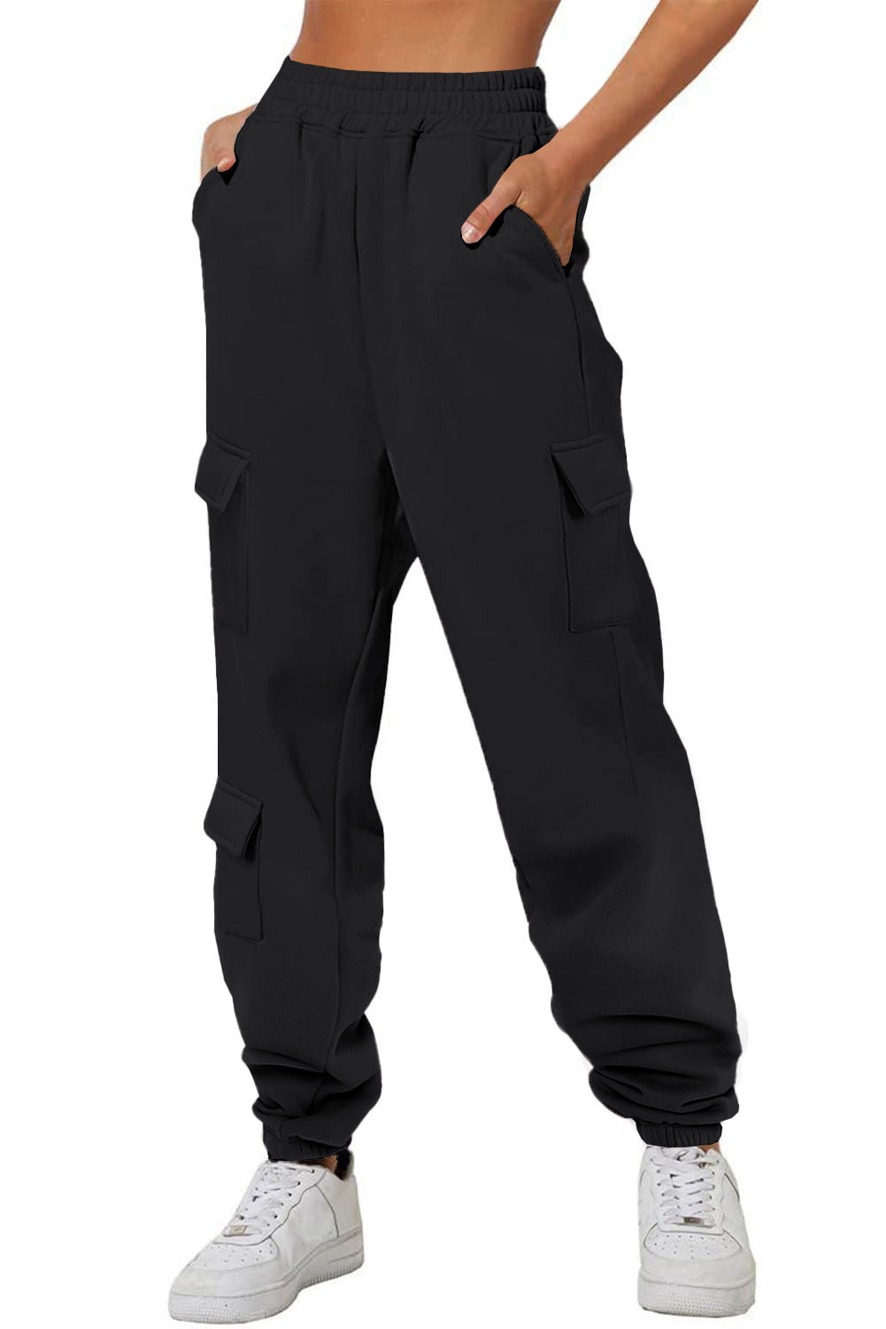 Pantalon actif taille haute élastique multi-poches uni noir