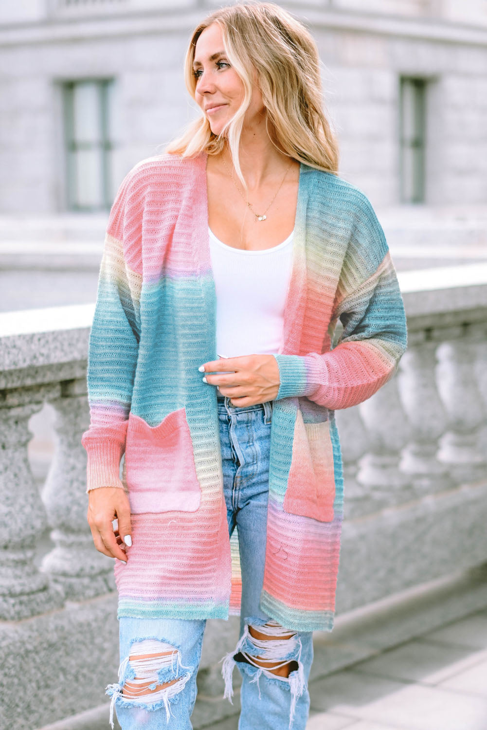 Green  Gradient Knit Open Cardigan with Pockets