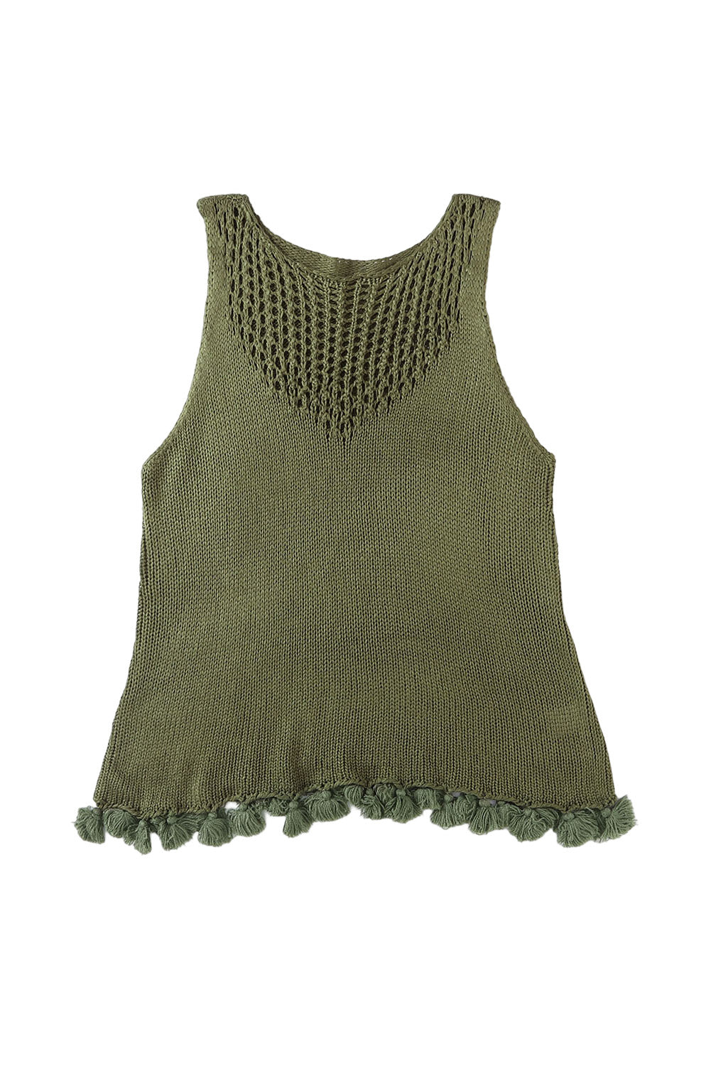 Débardeur vert en tricot ajouré au crochet à pompons