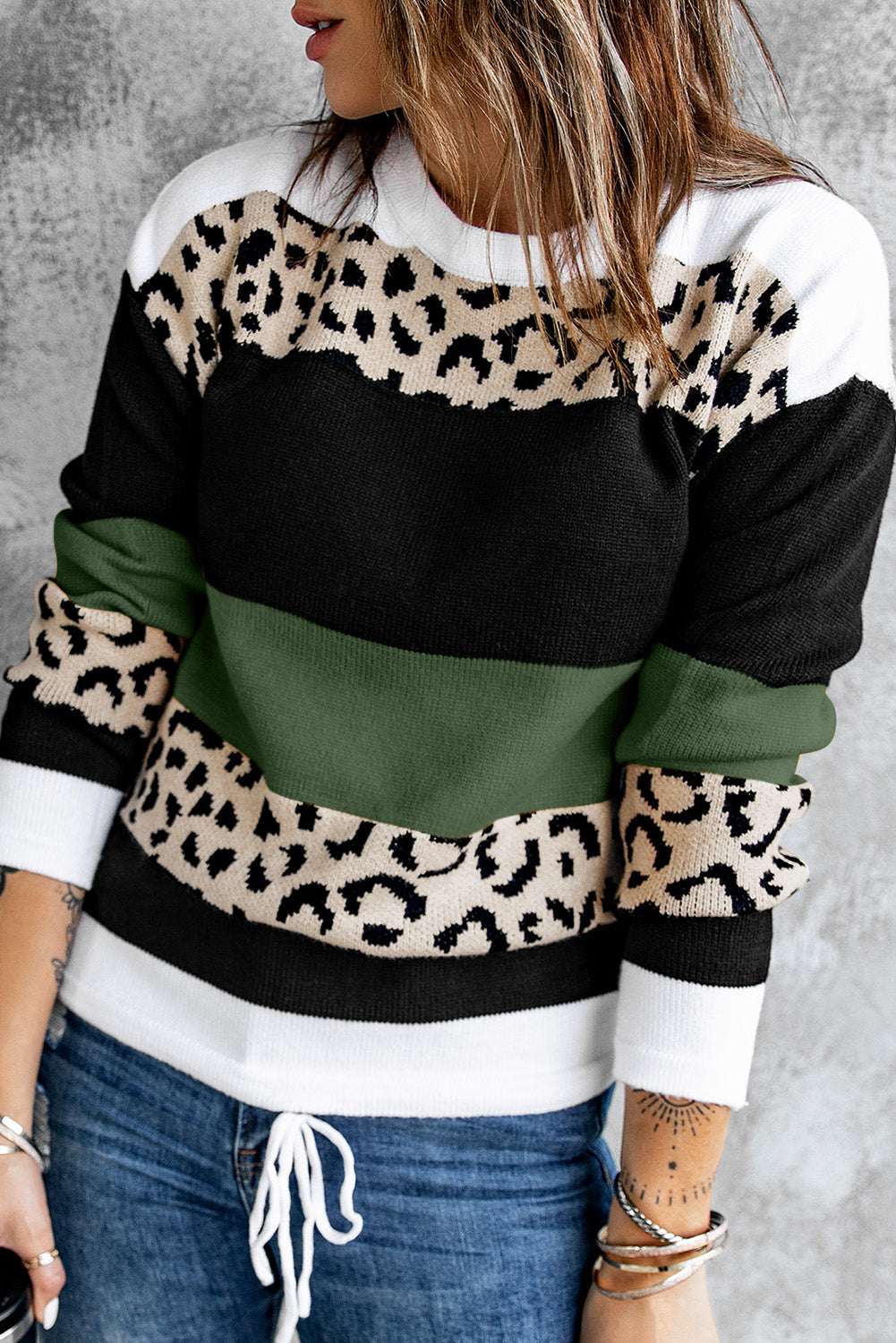 Maglione pullover in maglia color block leopardato girocollo verde