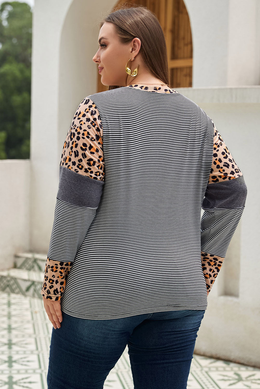 Leopard Plus Size Patchwork-Langarm-T-Shirt mit Kuh-/Leopardenstreifen