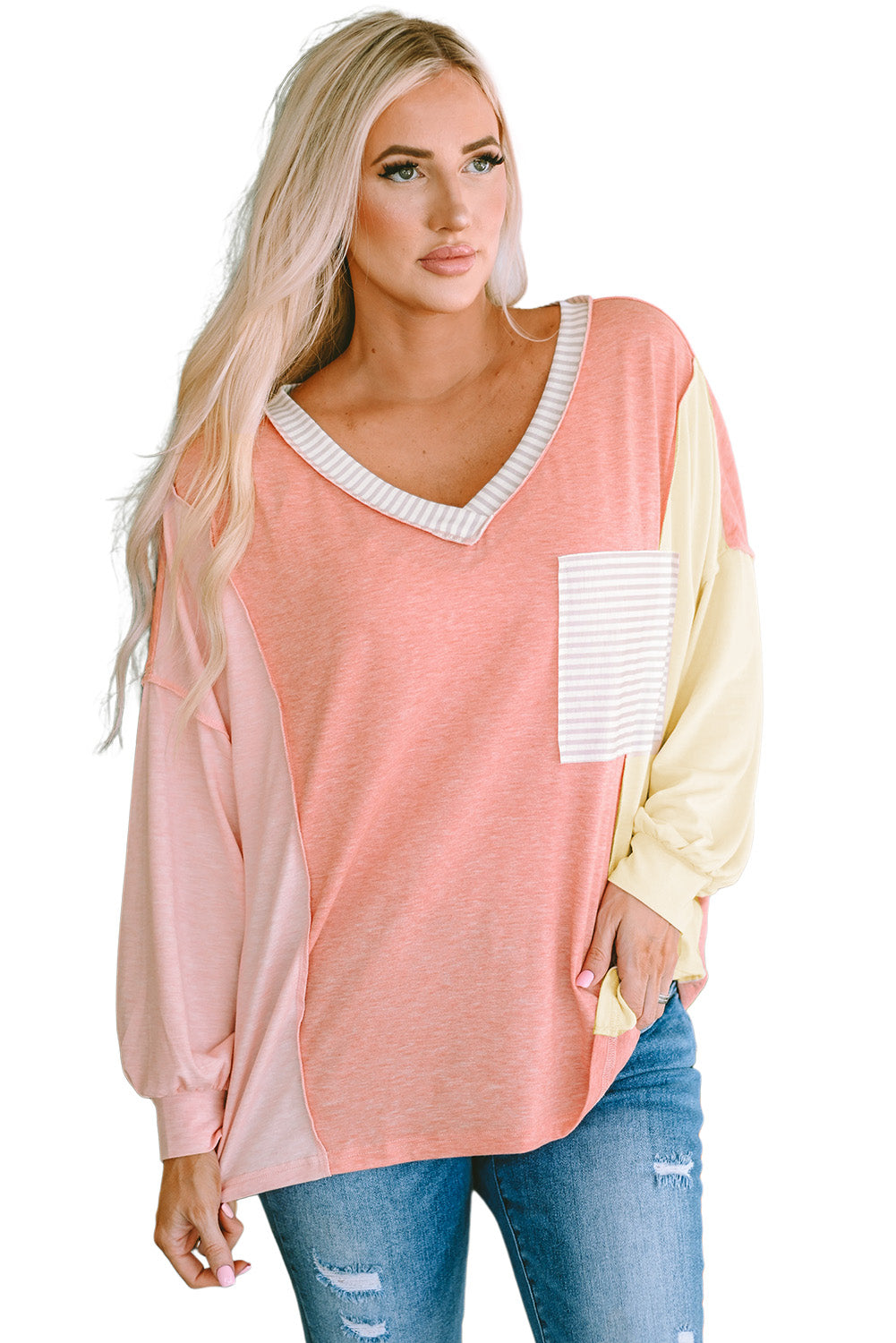 Striped Color Block Splicing Long Sleeve T Shirt