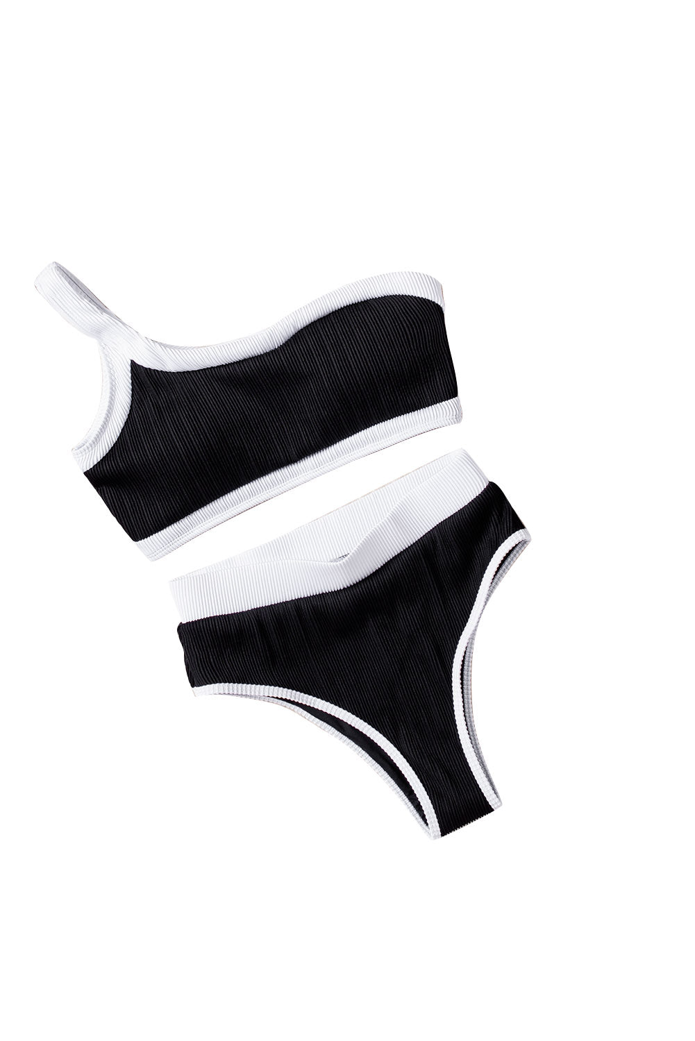 Schwarzes One-Shoulder-Patchwork-Bikini-Set mit hoher Taille