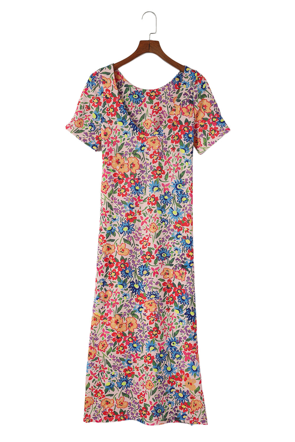 Multicolor Long Floral Print Short Sleeve Holiday Dress