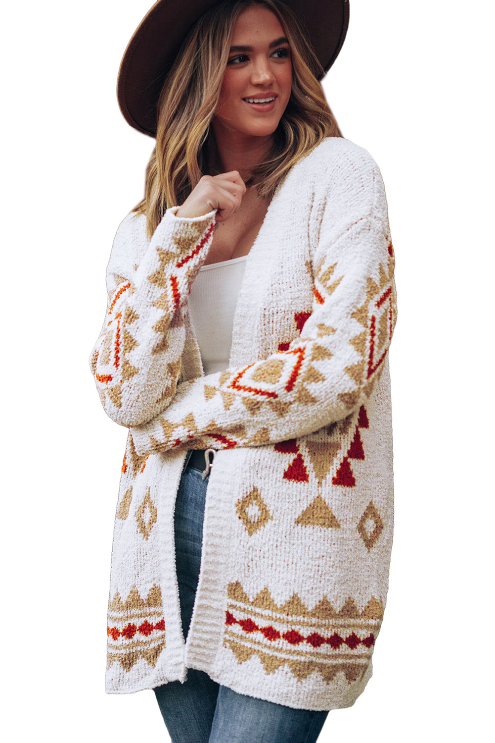 Cardigan tricoté ouvert à motif aztèque blanc
