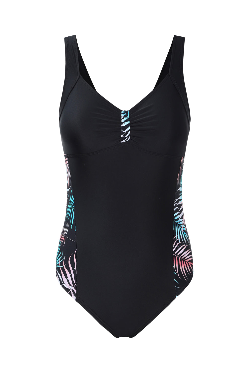 Leaves Splicing Ruched Front Open Back One-piece Swimsuit