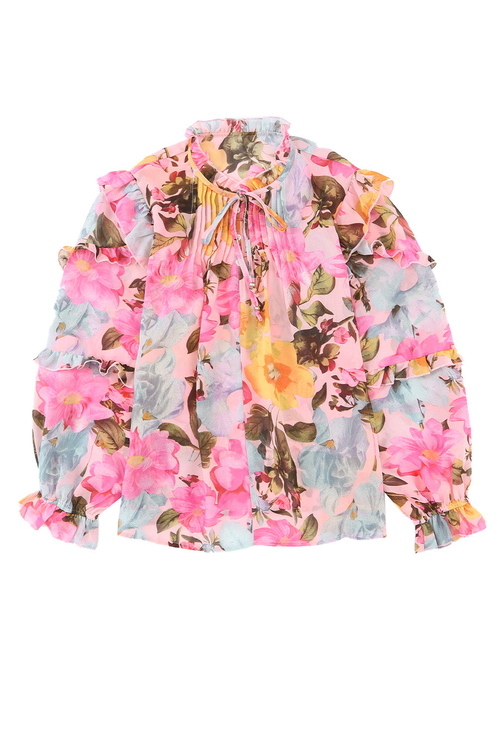 Rožnata bluza z dolgimi rokavi v več stopnjah s cvetličnim potiskom