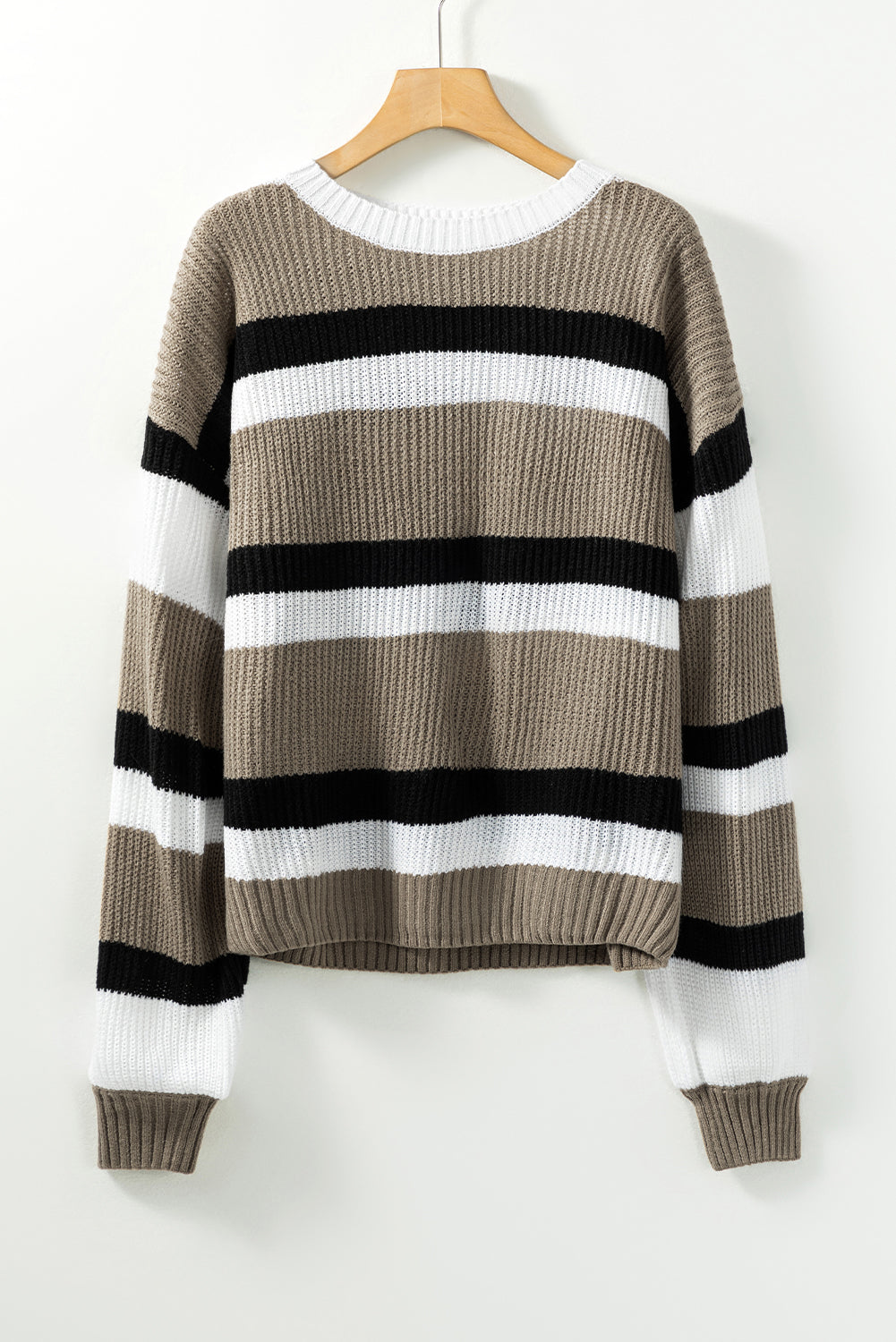 Gray Striped Colorblock Pattern Knit Sweater
