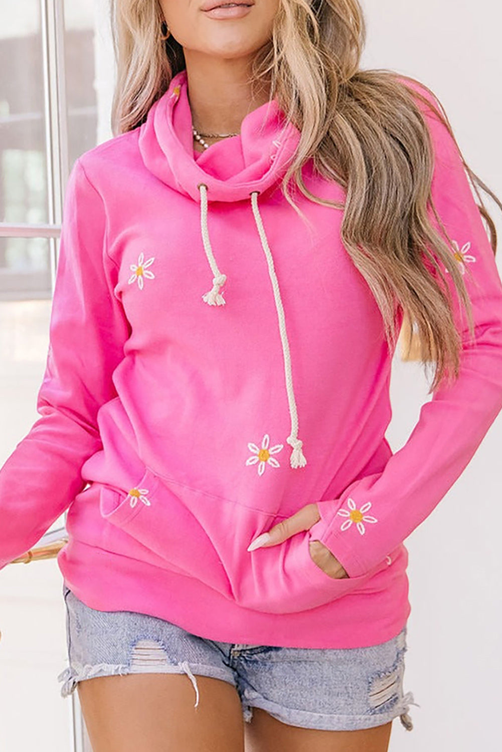 Pink Flower Embroidered Thumbhole Sleeve Cowl Neck Sweatshirt