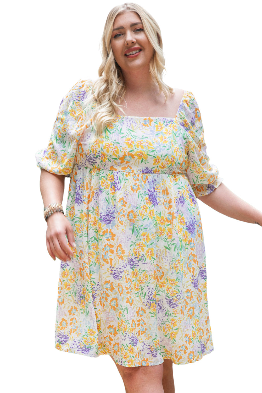 Mehrfarbiges Plus-Size-Babydoll-Kleid mit Blumendruck, Rüschen und Blasenärmeln