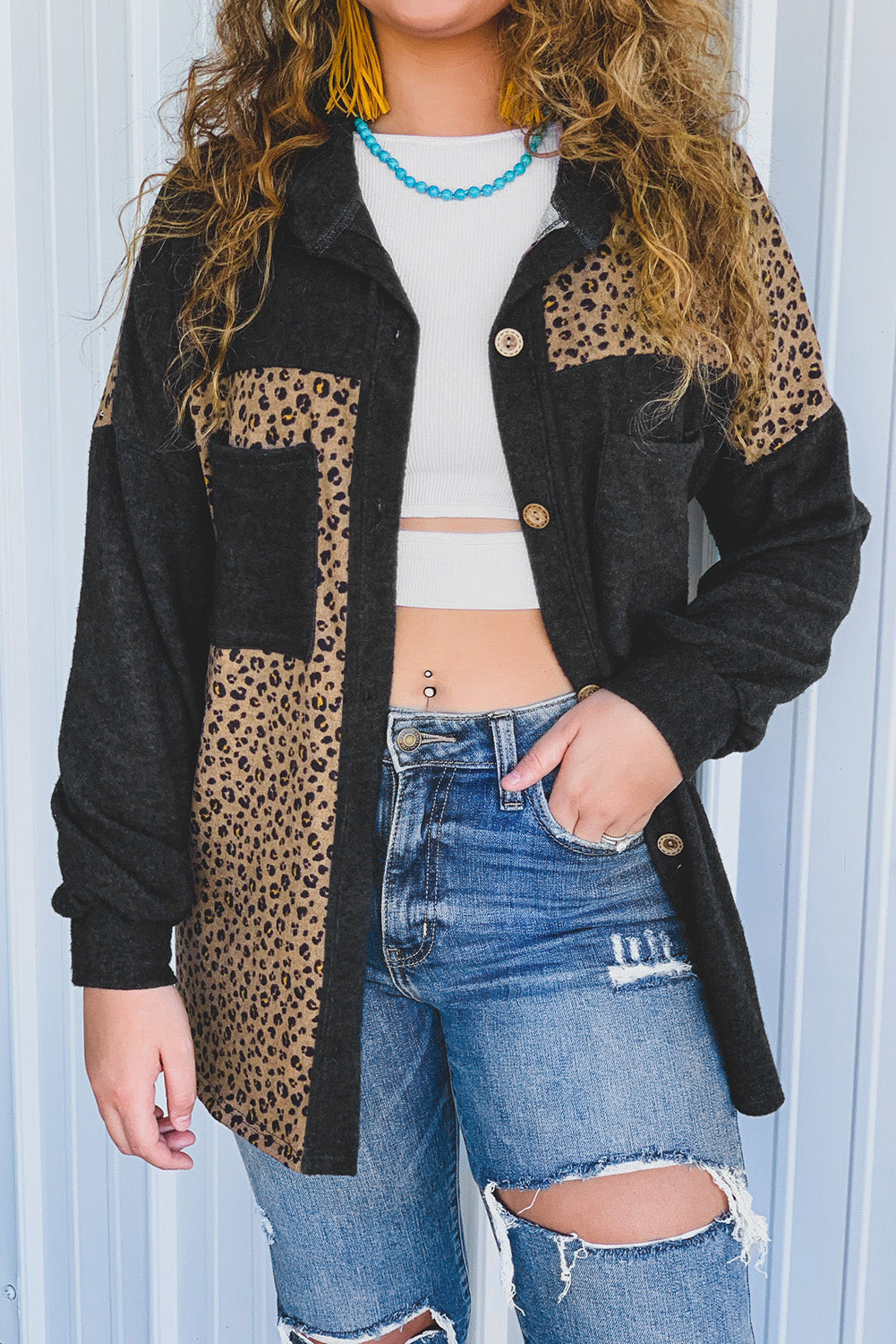 Schwarze Patchwork-Jacke mit Leopardenmuster