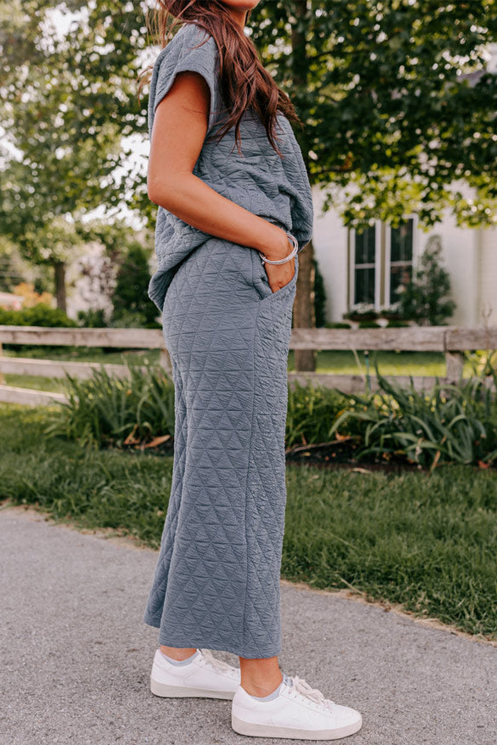 Ensemble pantalon large matelassé à manches courtes et à jambes larges bleu sarcelle véritable