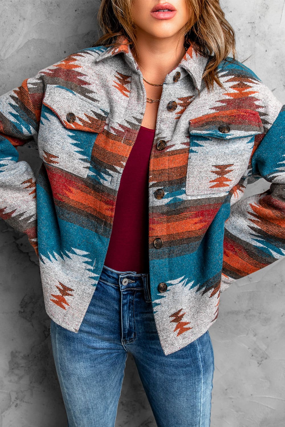 Veste chemise boutonnée à revers imprimé aztèque multicolore