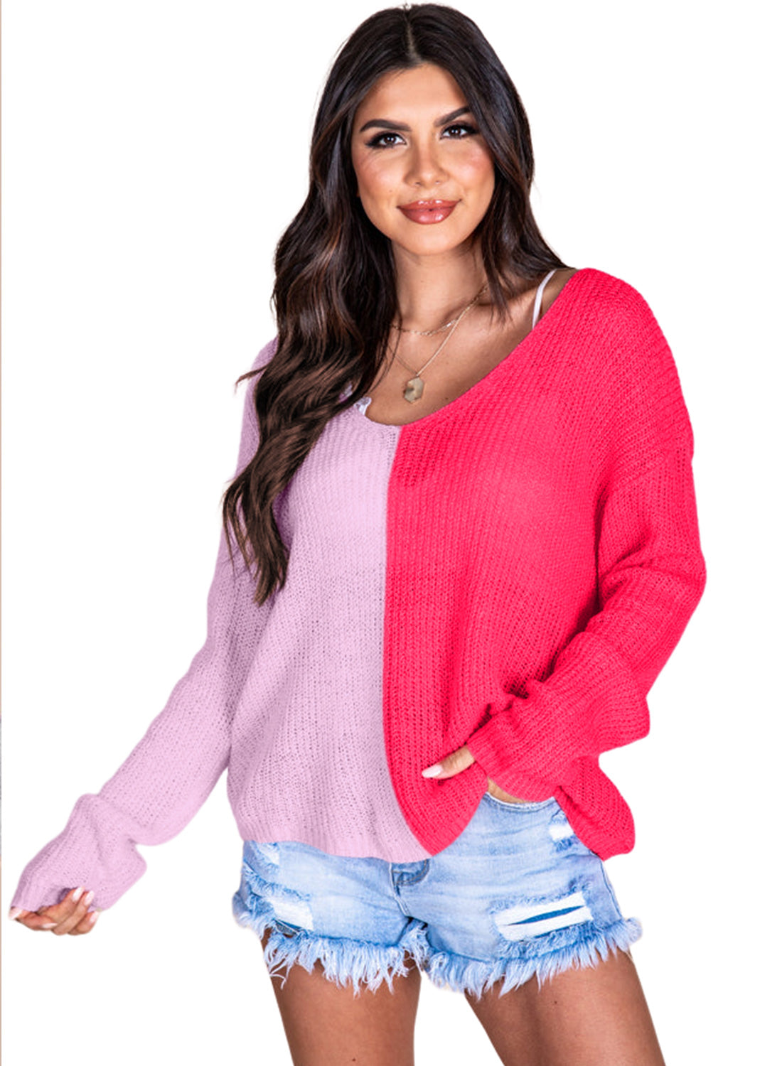 Khaki Long Sleeve V-Neck Colorblock Sweater