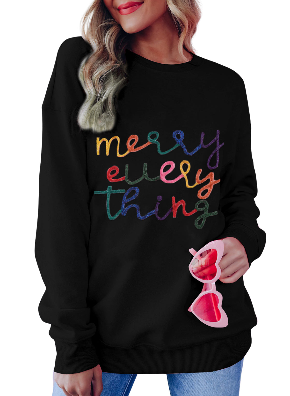 Schwarzes Sweatshirt mit „Merry Every Thing Tinsel“-Slogan