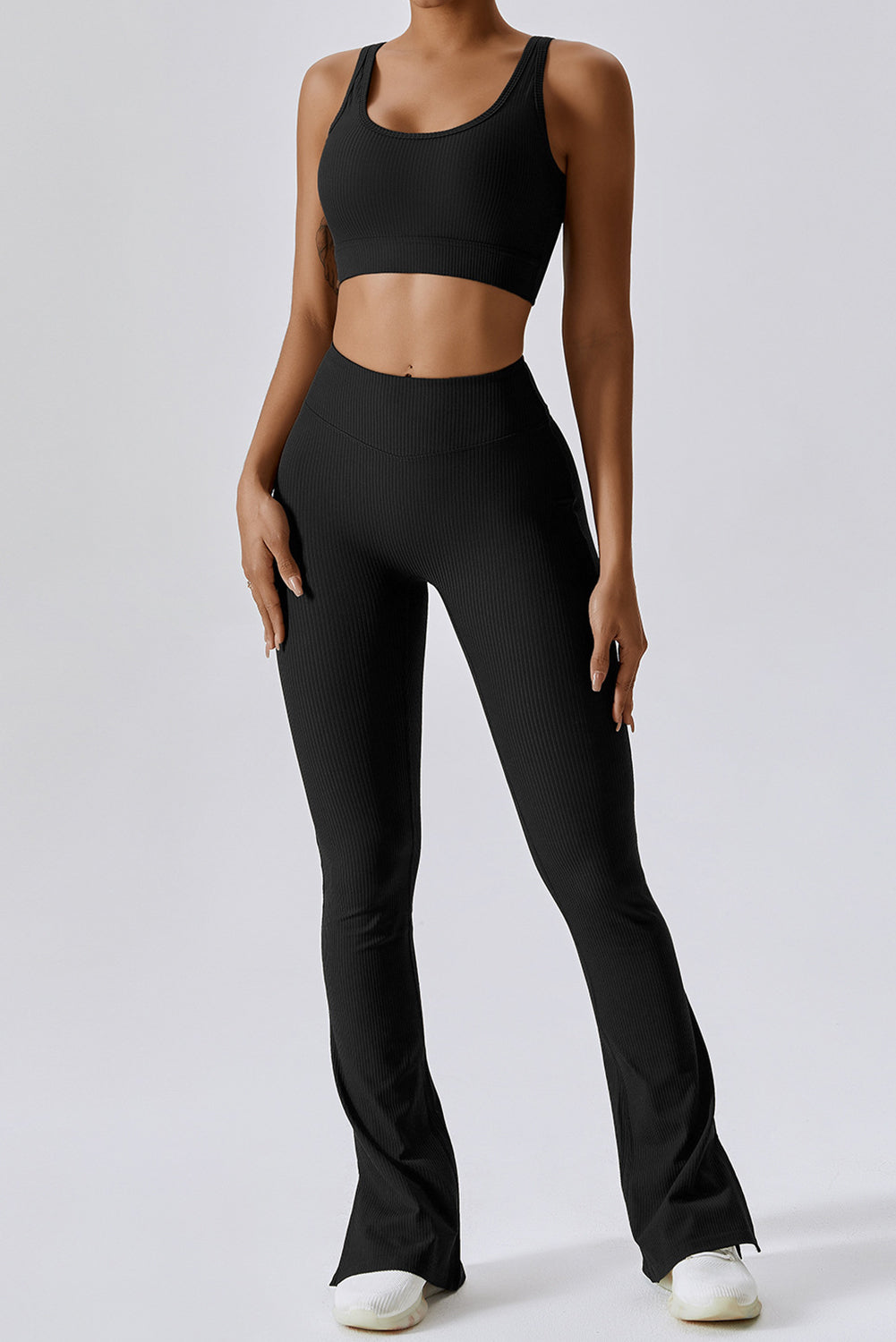 Black Ribbed U Neck Cropped Tank and Split Leggings Set