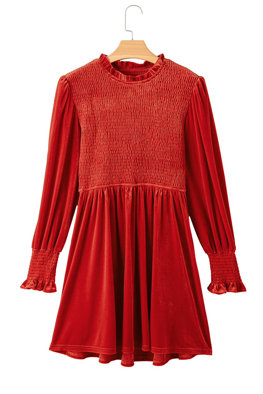 Žametna obleka z naboranim ovratnikom iz rdeče gline