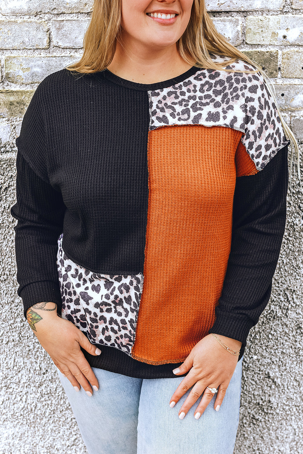 Black Orange Colorblock Leopard Patchwork Waffle Knit Plus Size Top