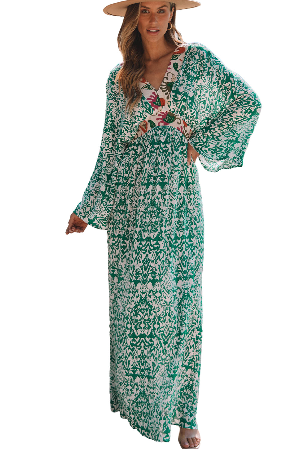 Zelena maksi haljina visokog struka s printom V izreza i apstraktnog uzorka