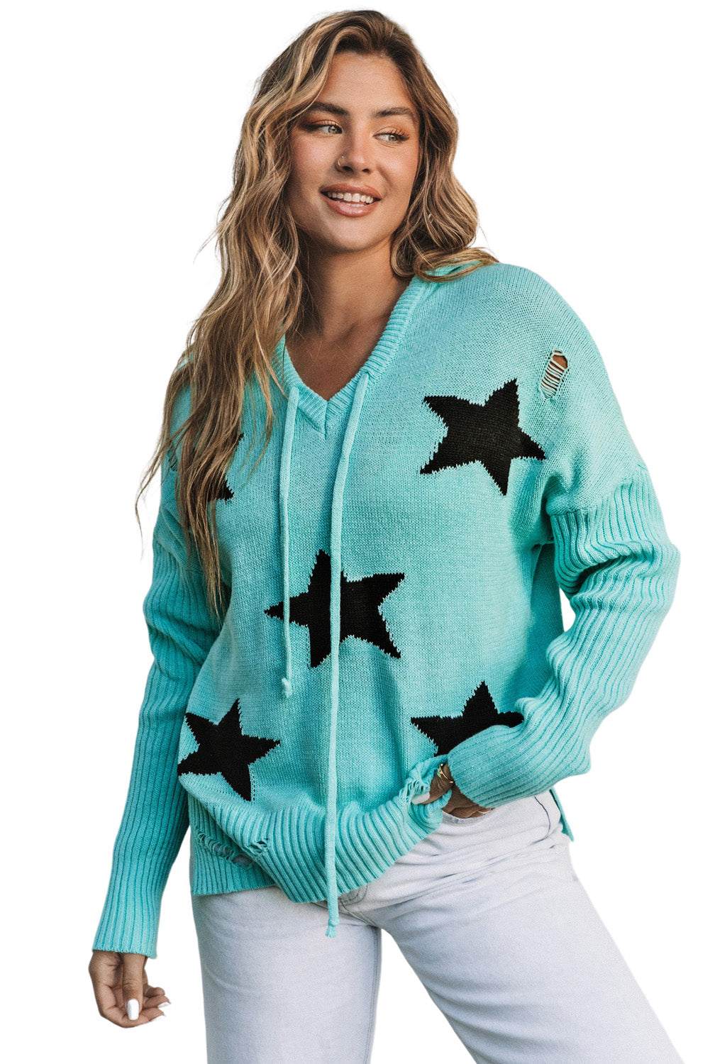 Zelen pulover s kapuco in razporki v obliki zvezde z V izrezom