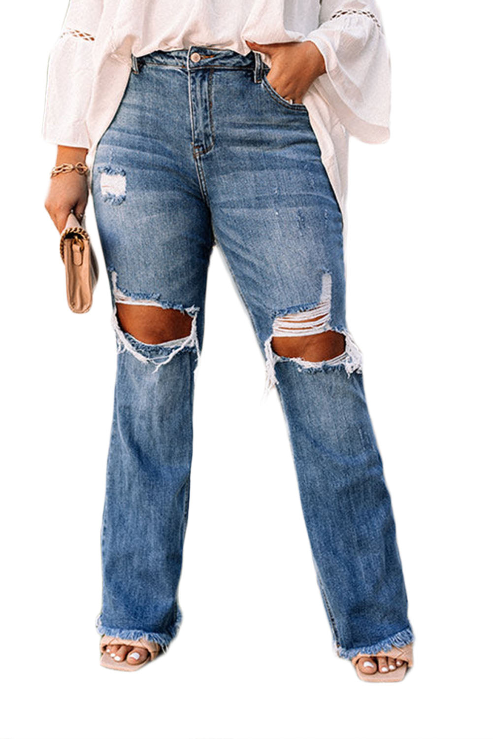 Jeans blu invecchiati con ginocchio aperto e taglie forti