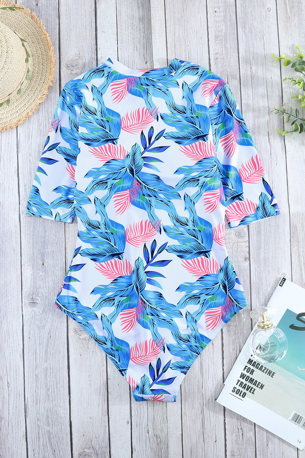 Fiery Red Blue Leaves Zip Front Half Sleeve One Piece Swimsuit