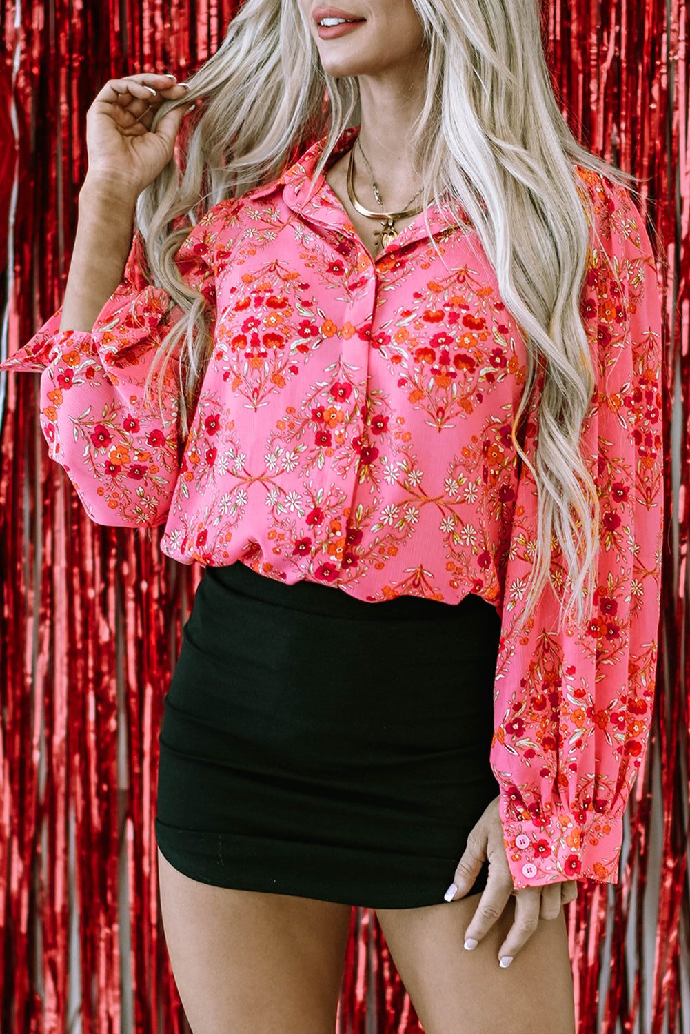 Strawberry Pink Aesthetic Floral Puff Sleeve Shirt
