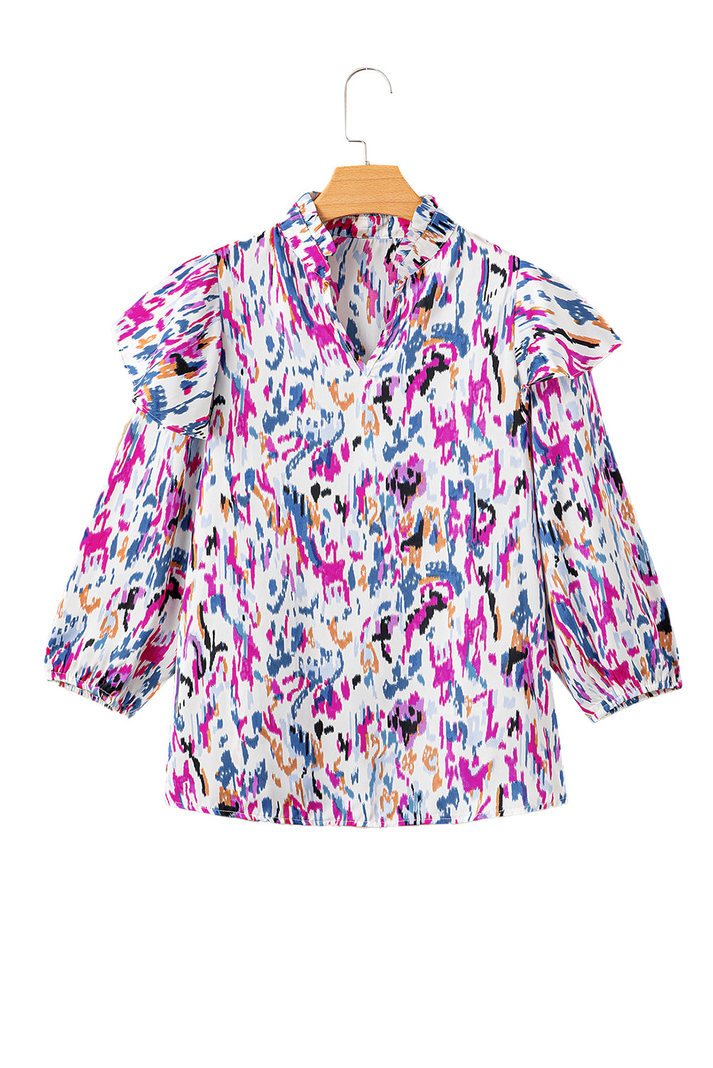 Večbarvna bluza z abstraktnim tiskom 3/4 z napihnjenimi rokavi in ​​naborki
