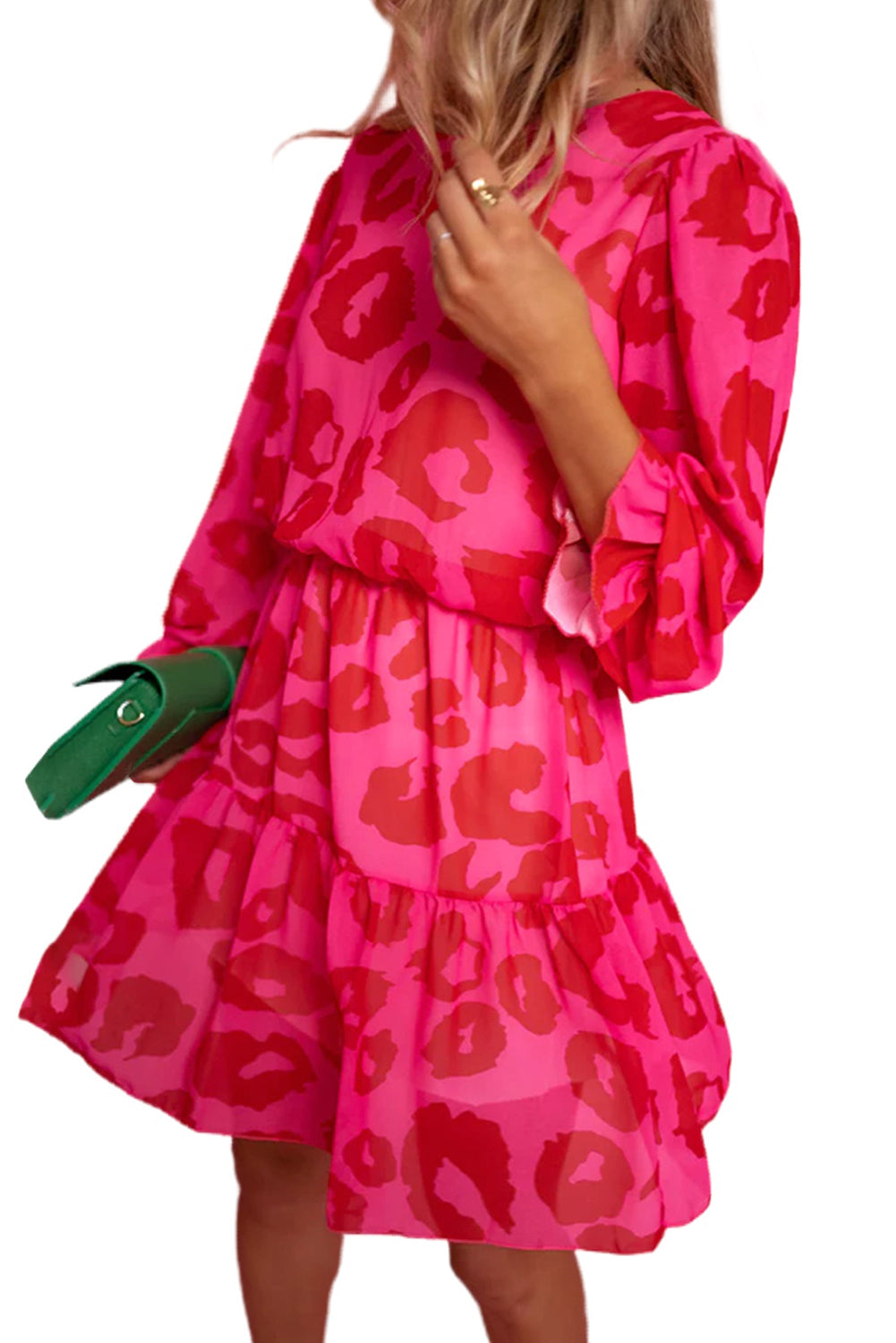 Mini haljina s ružičastim leopard printom s volanima i volanima