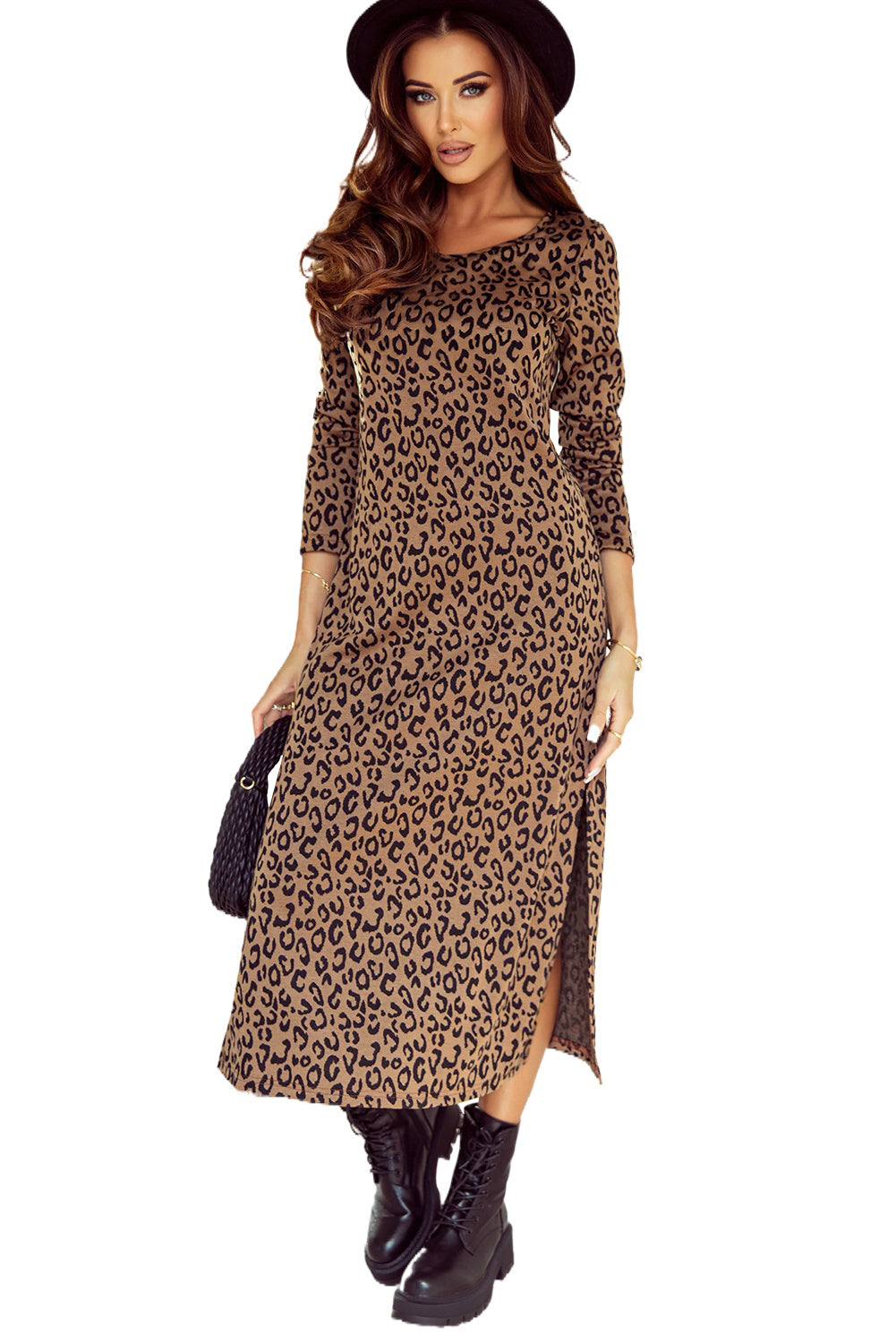 Leopard haljina s dugim rukavima i okruglim izrezom