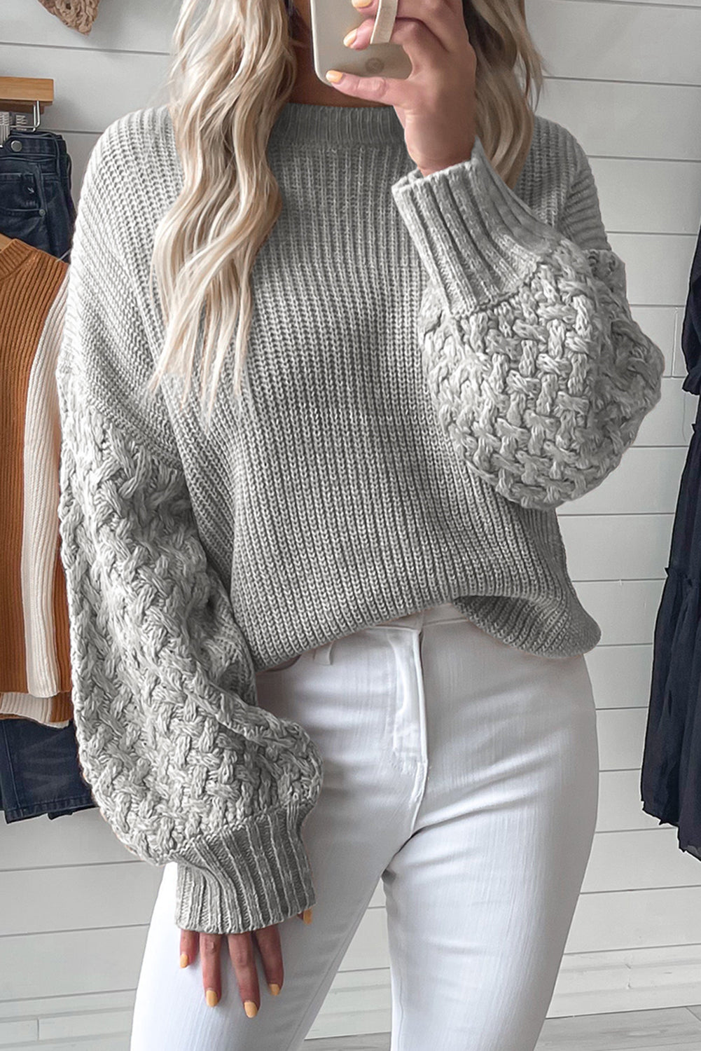 Black Cable Knit Sleeve Drop Shoulder Sweater