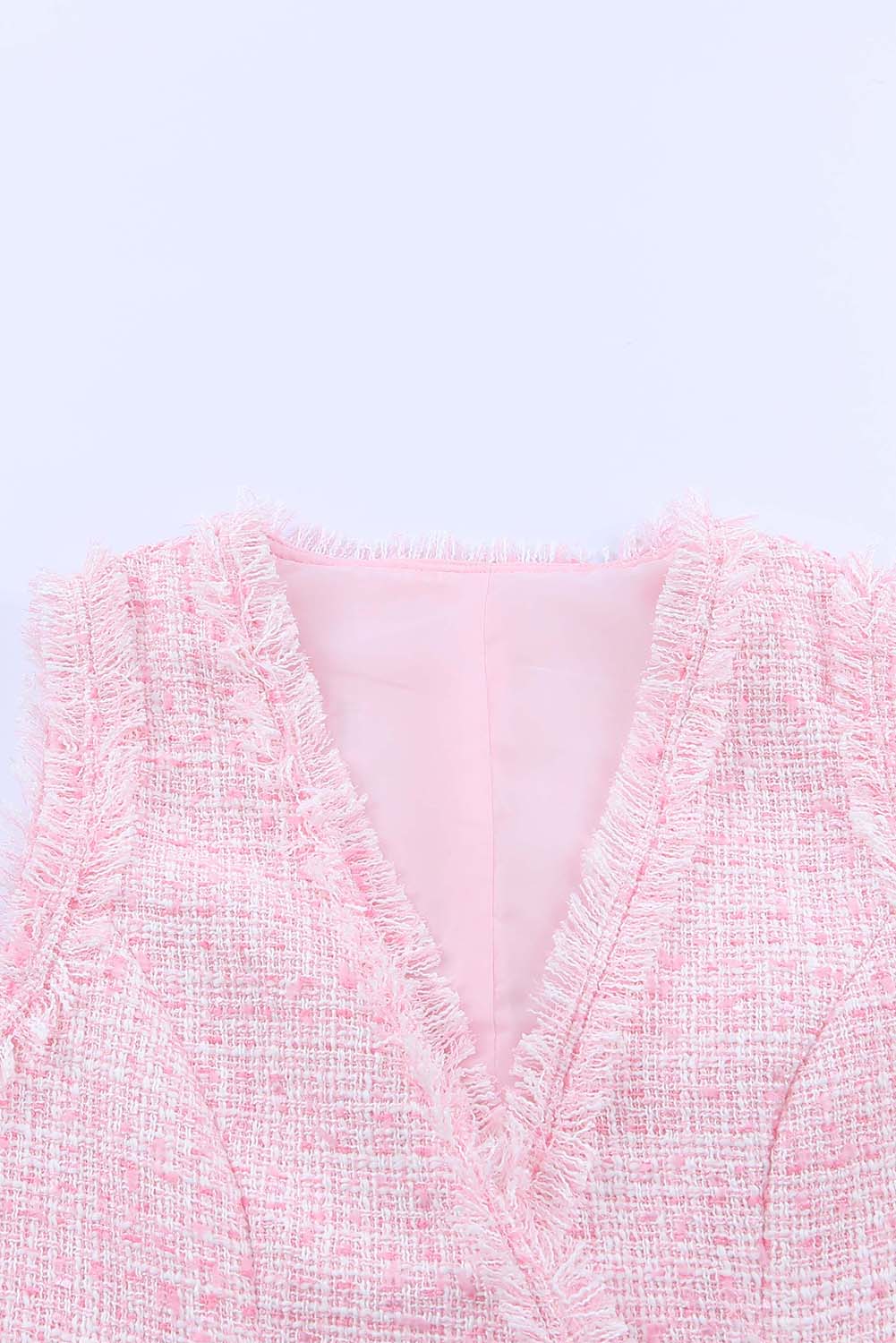 Rosafarbenes, zweireihiges Tweed-Westenkleid mit ausgefranstem Rand
