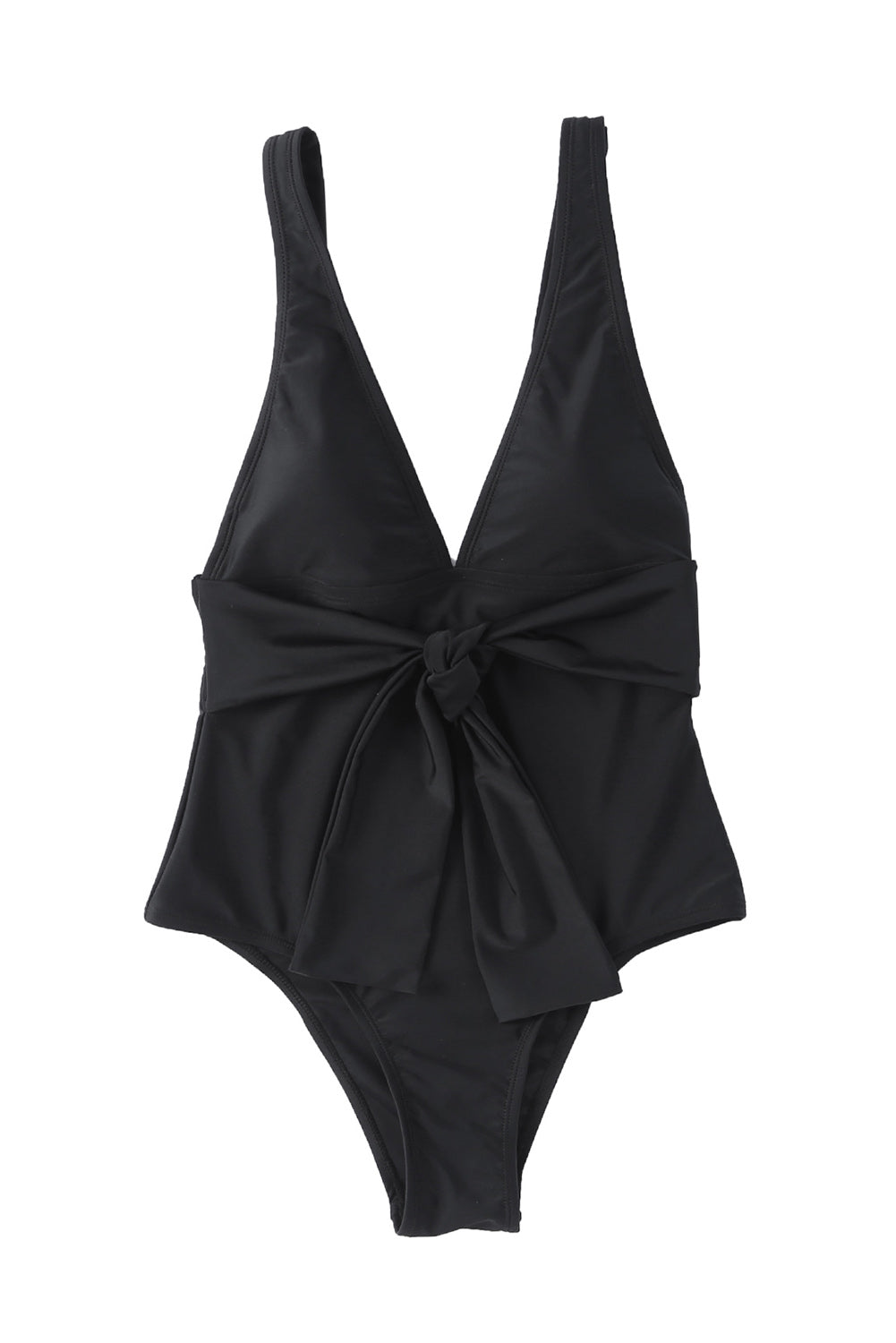 Crni jednodijelni kupaći kostim s dubokim V izrezom i vezivanjem u struku