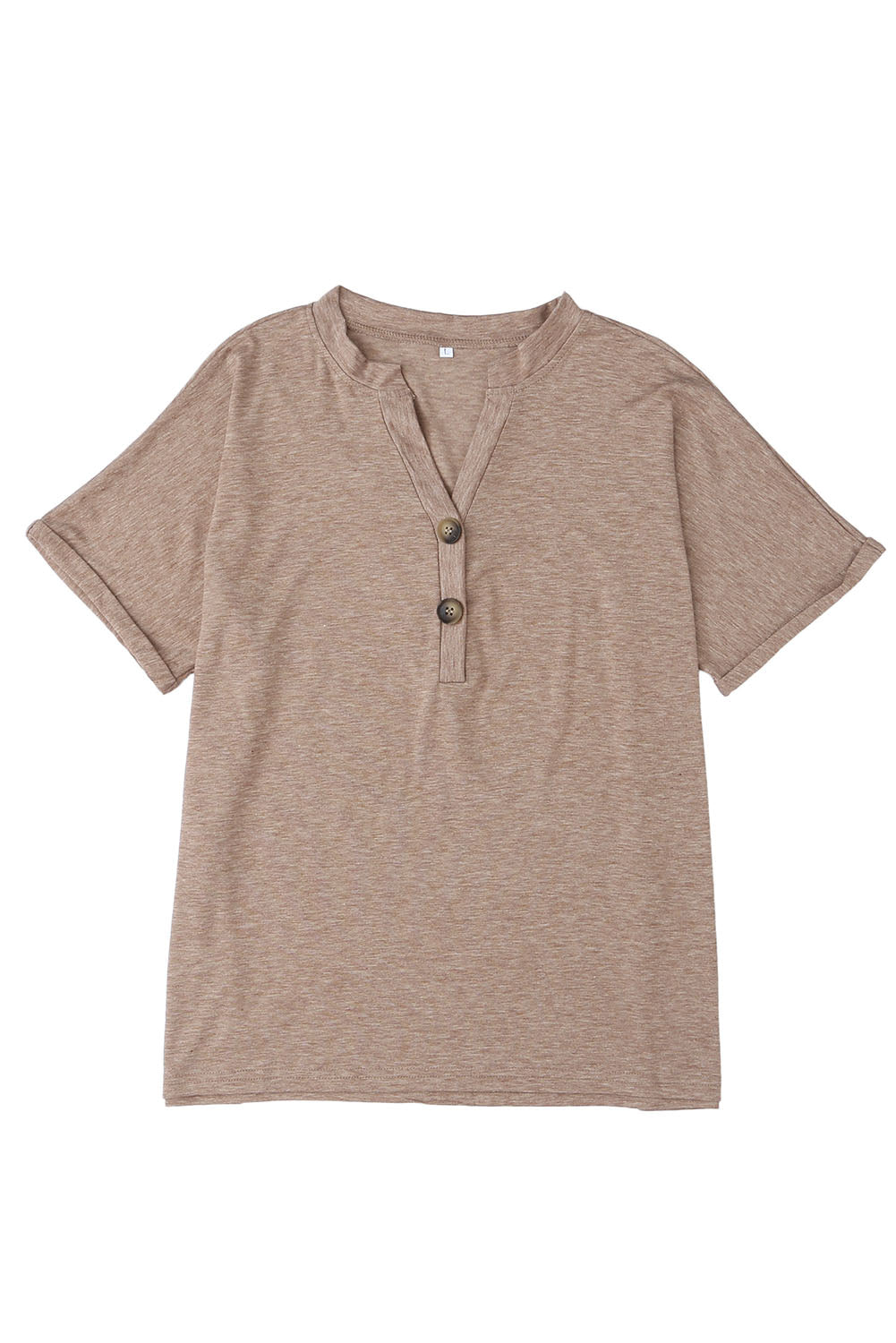 Khakifarbenes T-Shirt mit geknöpftem V-Ausschnitt und gerollten Ärmeln