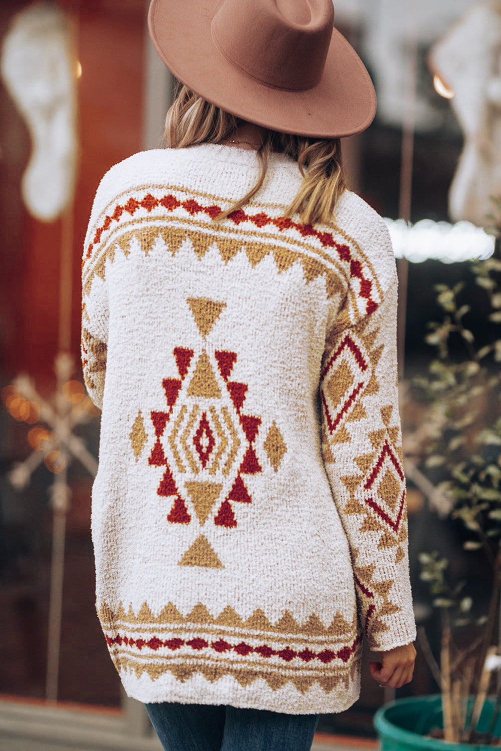 Cardigan tricoté ouvert à motif aztèque blanc