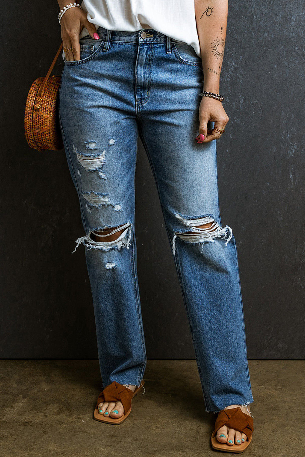 Hellblaue Distressed Holes Raw Edge Straight Jeans