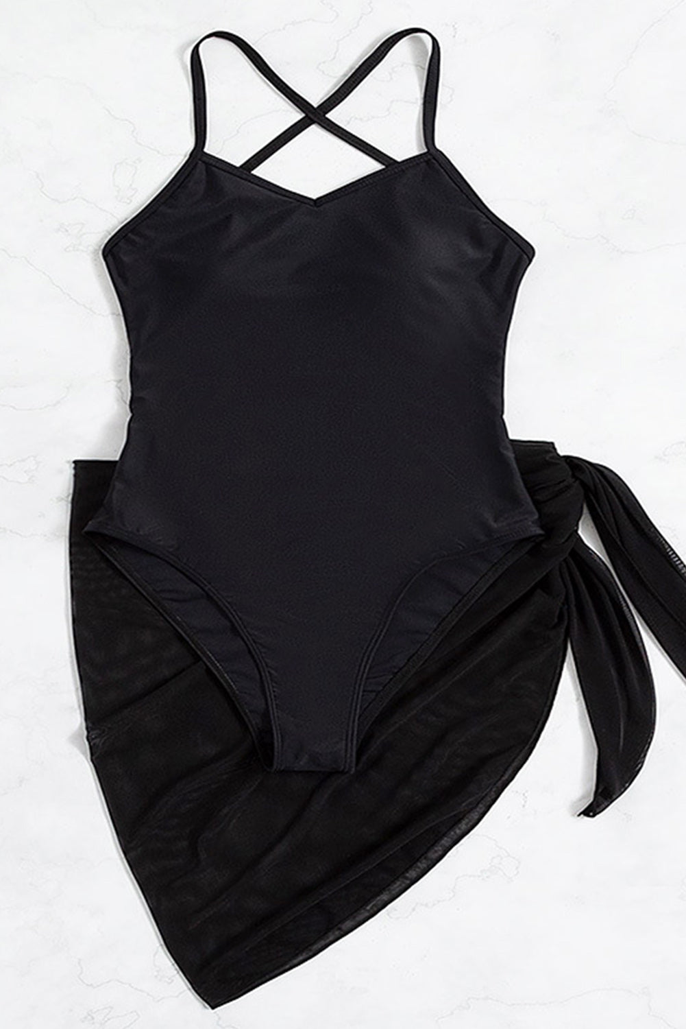 Crni jednodijelni kupaći kostim Criss Cross bez leđa sa sarongom