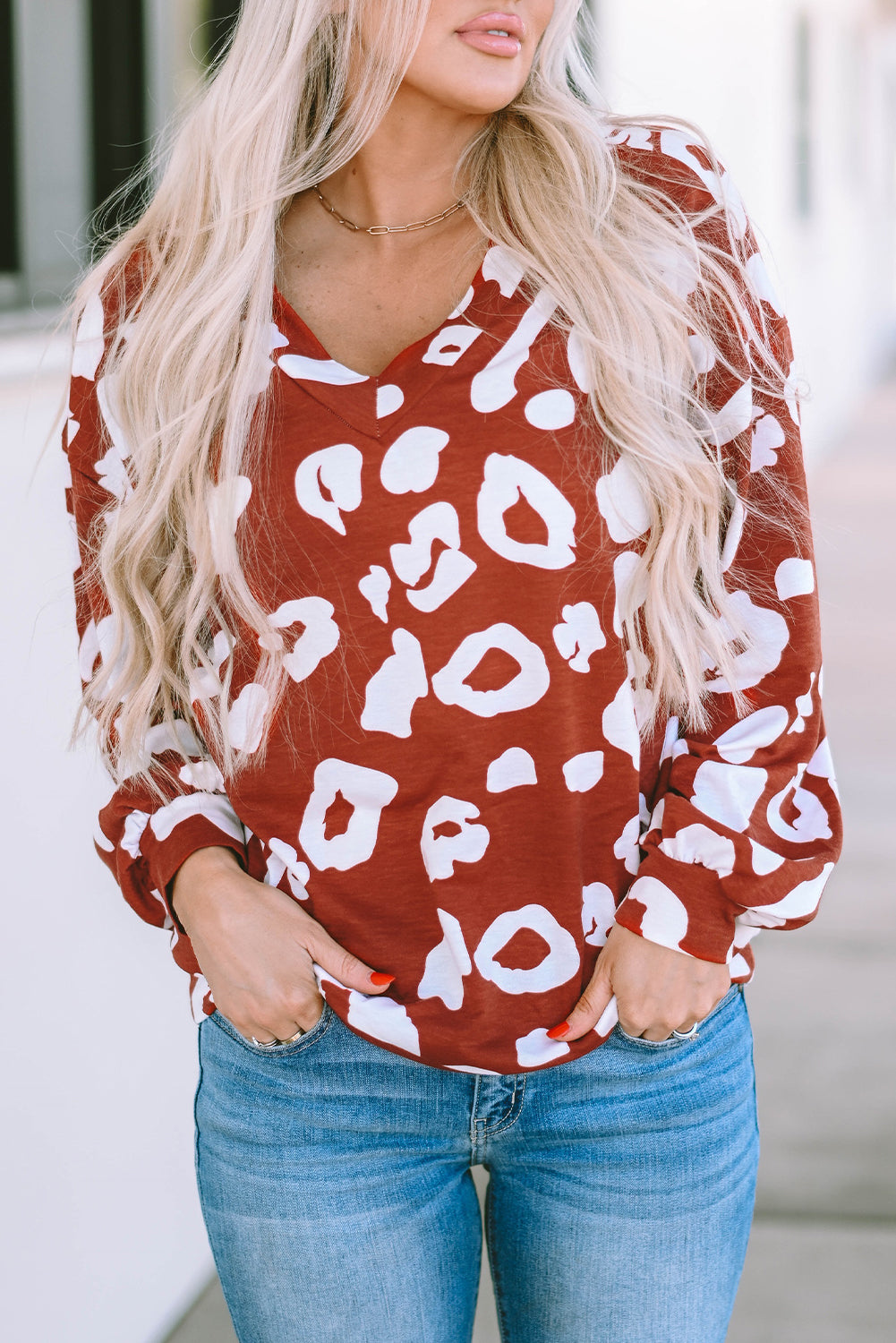 Red Clay Leopard Print Bishop Sleeve V-Neck Top