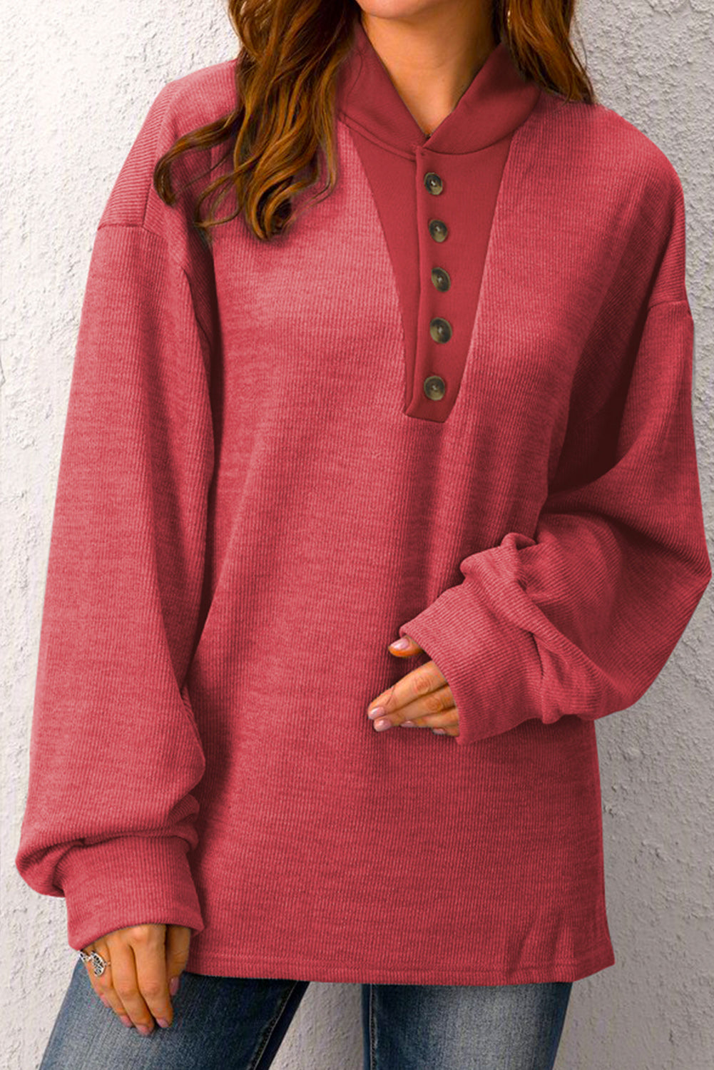 Fiery Red Plain Buttoned Henley Sweatshirt