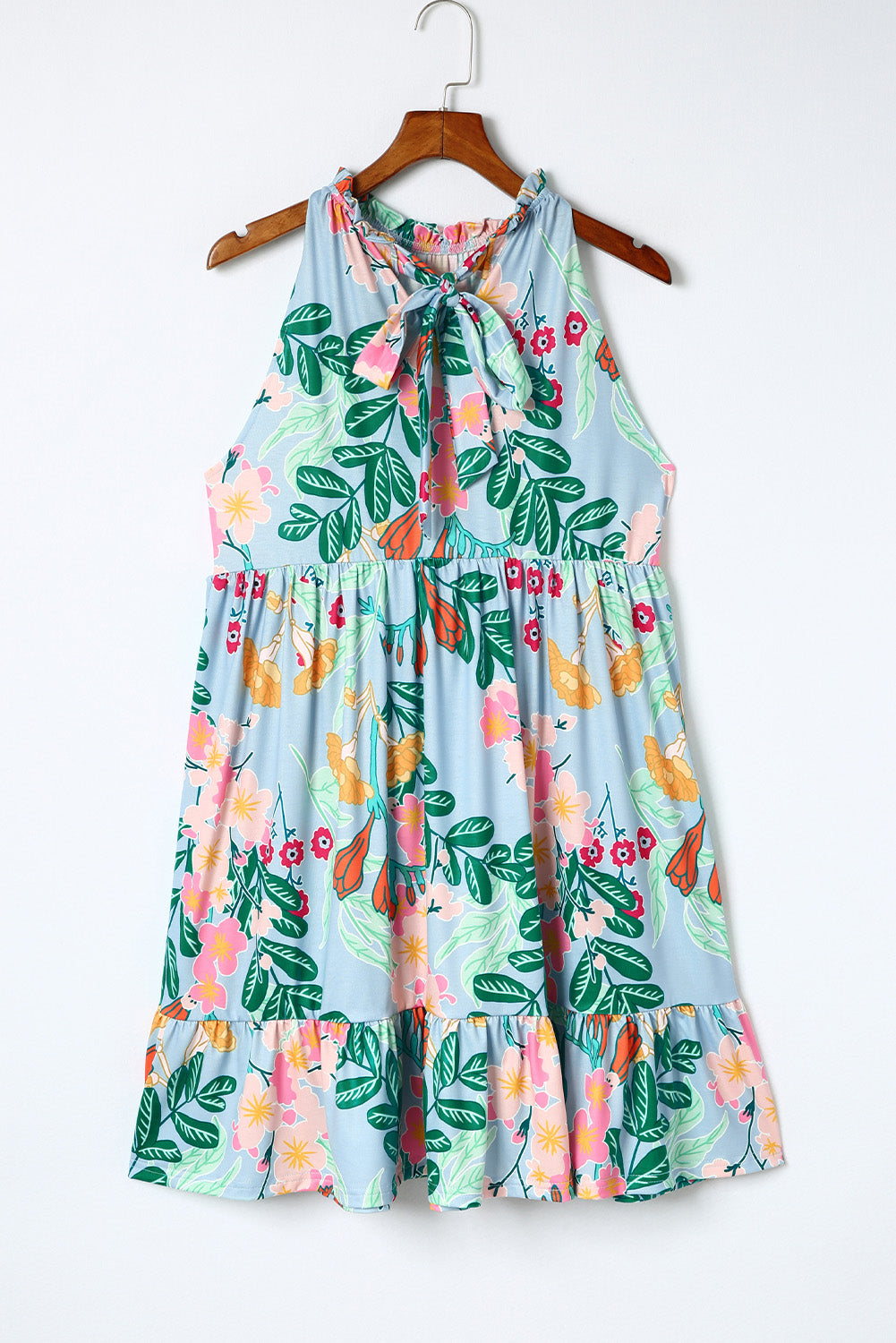 Nebeskoplava mini haljina s naborima s lažnim izrezom i cvjetnim printom