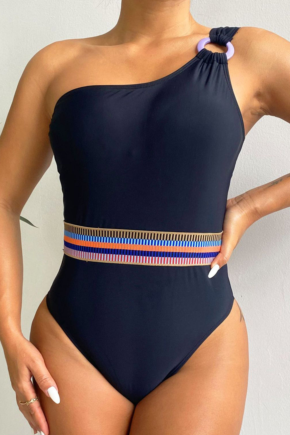 Black One Shoulder Strap Printed Waist One-Piece Swimsuit